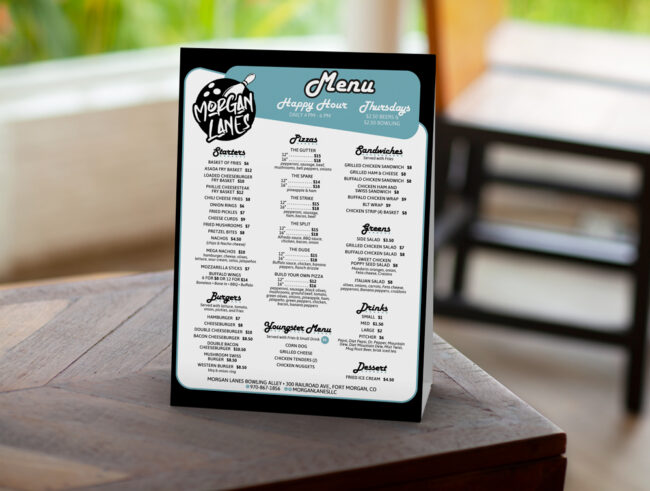 table tent menu vintage bowling alley